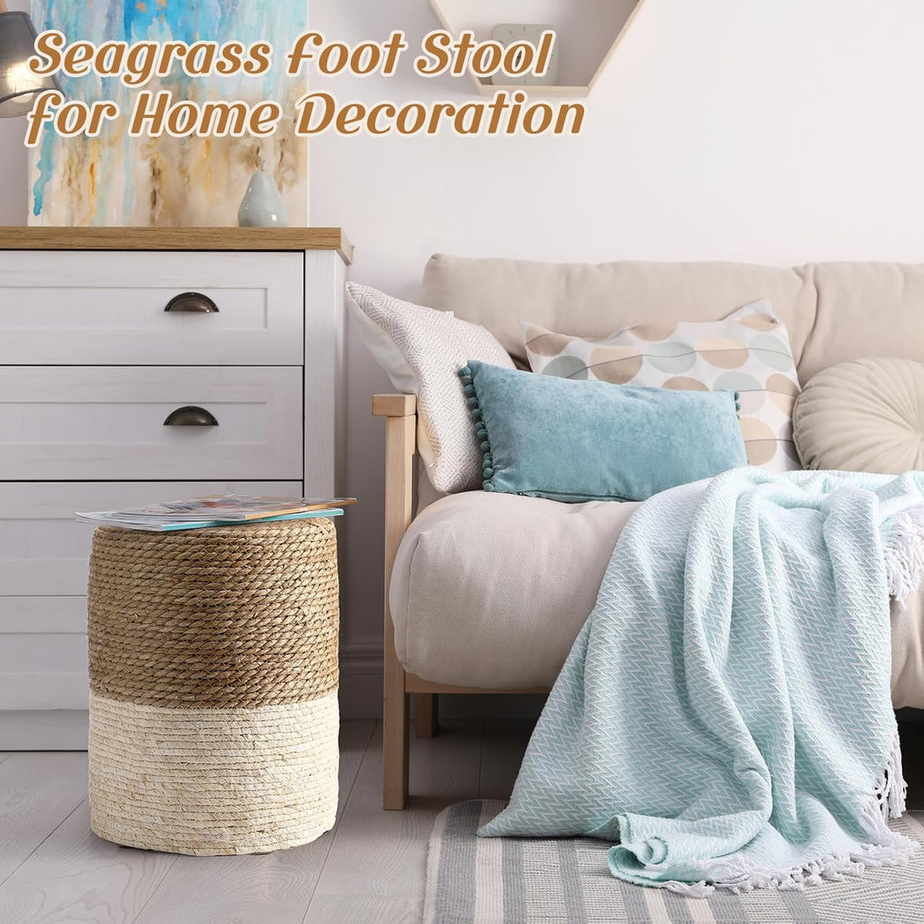 Barydat 2 Pcs 15'' Ottoman Pouf Natural Seagrass Braided Poof Hand Weaving Round Ottomans Boho Footrest Stool for Home Living Room Bedroom Patio(Natural and White)