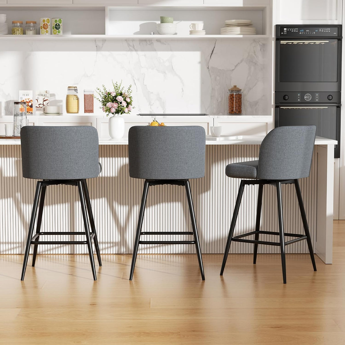 Swivel Bar Stools Set of 2, 26" Counter Height Bar Stools with High Back and Metal Legs, Fabric Bar Chairs, Modern Barstools for Kitchen Island, Light Grey