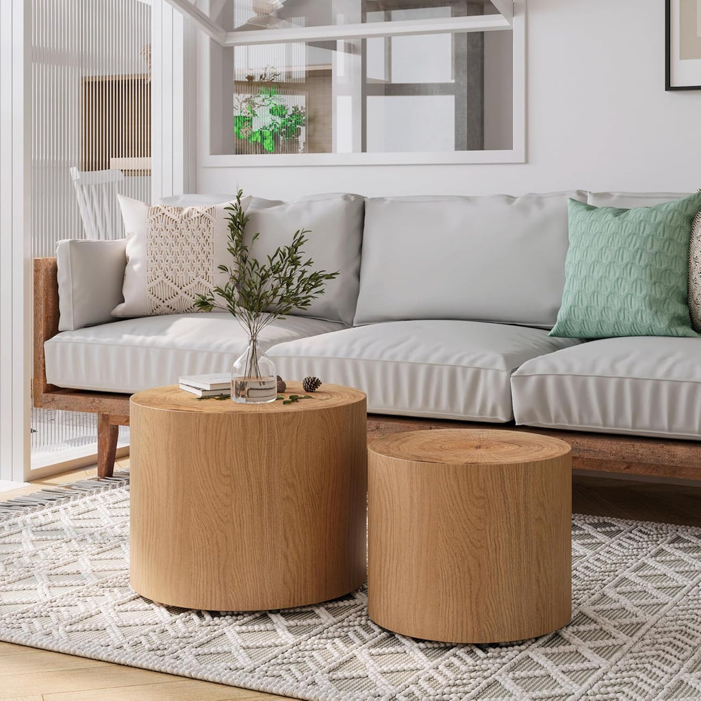 Nesting Coffee Table Set of 2, Modern Round Coffee Table, Wooden Circle Accent Tables for Small Spaces Living Room Bedroom Balcony Office Drum Side Table, Natural Wood