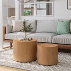 Nesting Coffee Table Set of 2, Modern Round Coffee Table, Wooden Circle Accent Tables for Small Spaces Living Room Bedroom Balcony Office Drum Side Table, Natural Wood