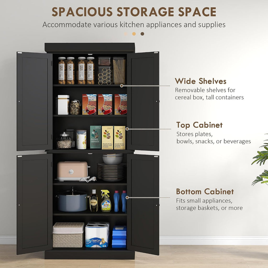 HOMCOM 72.5" Tall Kitchen Pantry Cabinet, Freestanding Modern Farmhouse Kitchen Storage Cabinet with 4 Doors and 2 Adjustable Shelves for Dining Room, Black