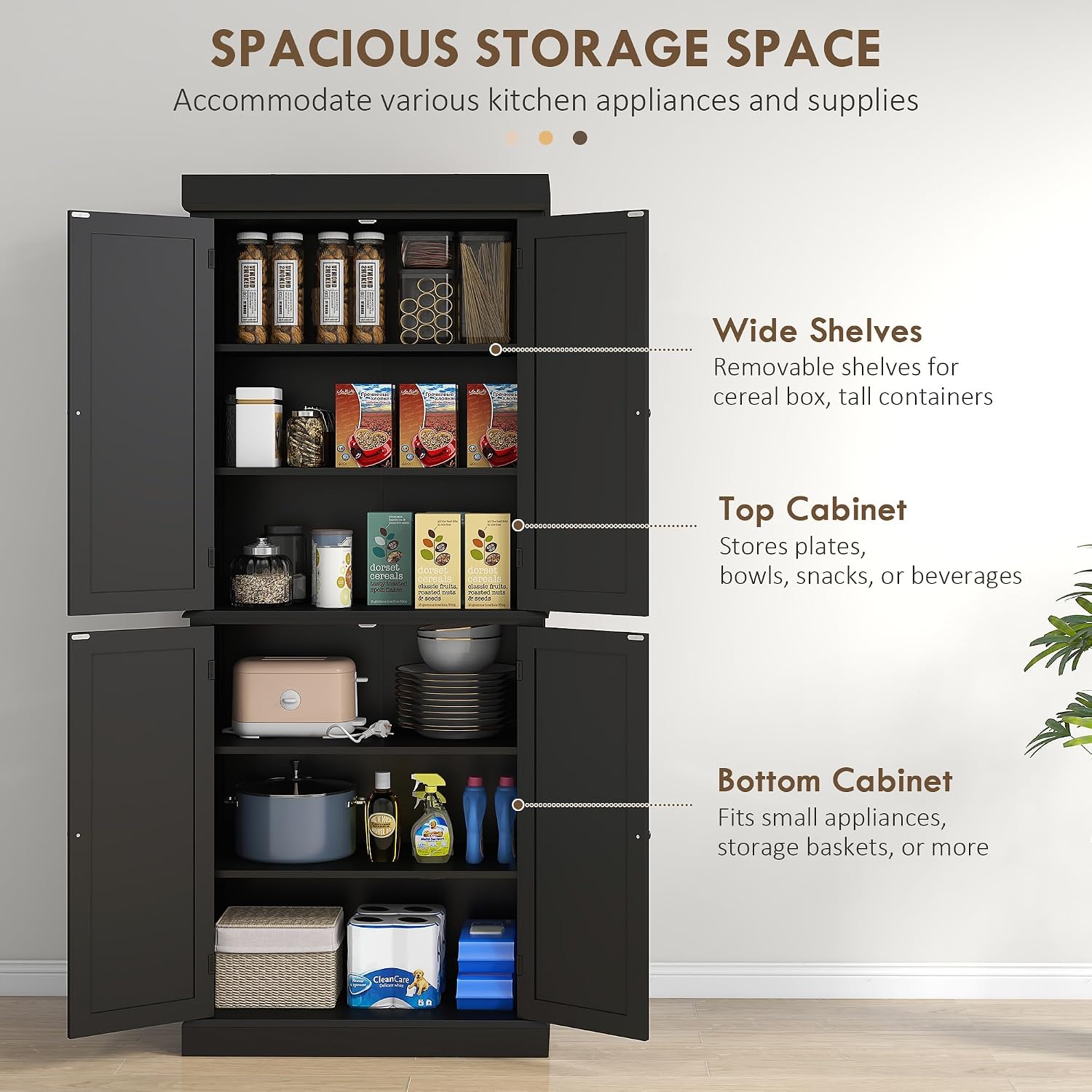 HOMCOM 72.5" Tall Kitchen Pantry Cabinet, Freestanding Modern Farmhouse Kitchen Storage Cabinet with 4 Doors and 2 Adjustable Shelves for Dining Room, Black