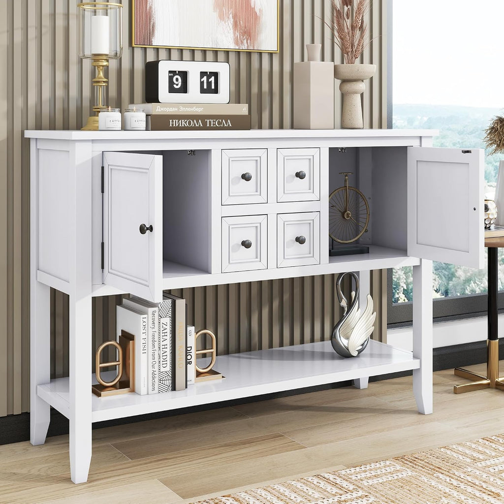 P PURLOVE Console Table Buffet Sideboard Sofa Table with Drawers Cabinets and Bottom Shelf (White)