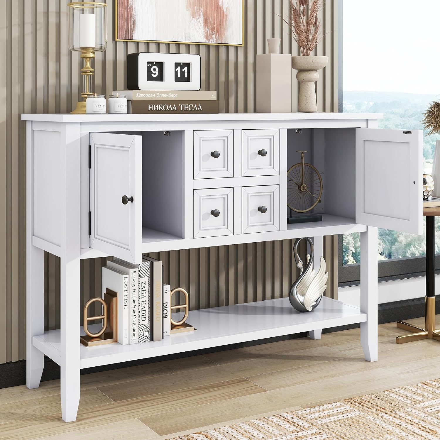 P PURLOVE Console Table Buffet Sideboard Sofa Table with Drawers Cabinets and Bottom Shelf (White)