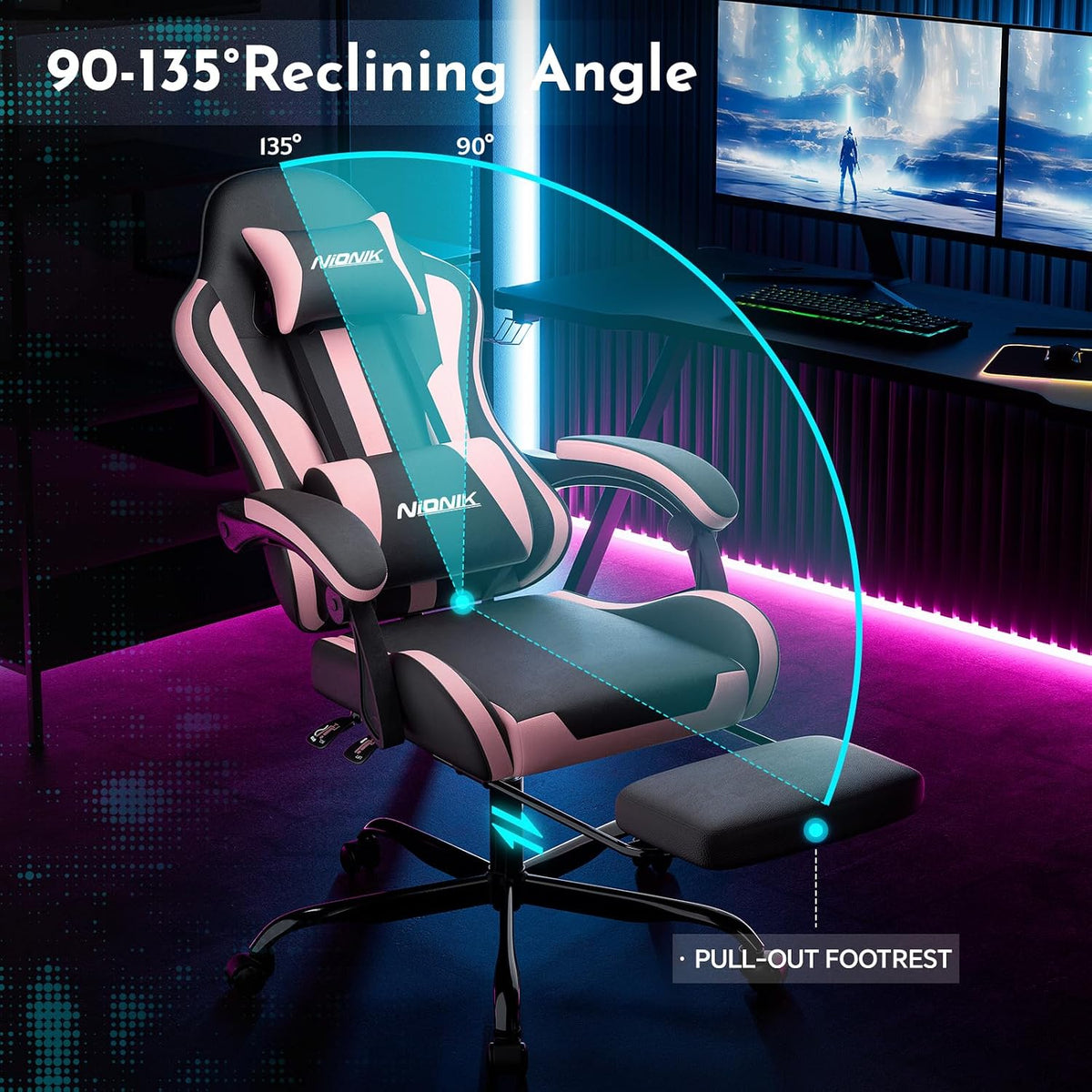 Gaming Chair, Ergonomic Computer Chair with Footrest and Lumbar Support, Height Adjustable Game Chair with 360°-Swivel Seat and Headrest and for Office or Gaming Blackpink