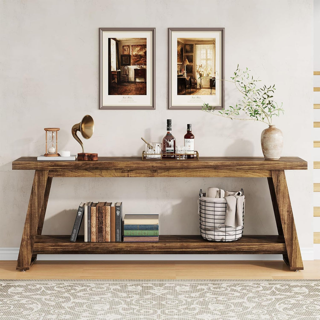 70.9" Extra Long Entryway Table, Farmhouse Wood Console Table with Storage, 2-Tier Narrow Sofa Table Behind Couch for Living Room, Hallway, Entrance, Foyer, Rustic Brown