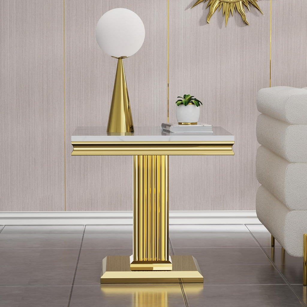 Henf 23in Square End Table Faux Marble End Table with Pillar Stainless Steel Base, Night Table White Marble top Accent Sofa Side Table for Living Room Office, Luxury White&Gold End Side Table
