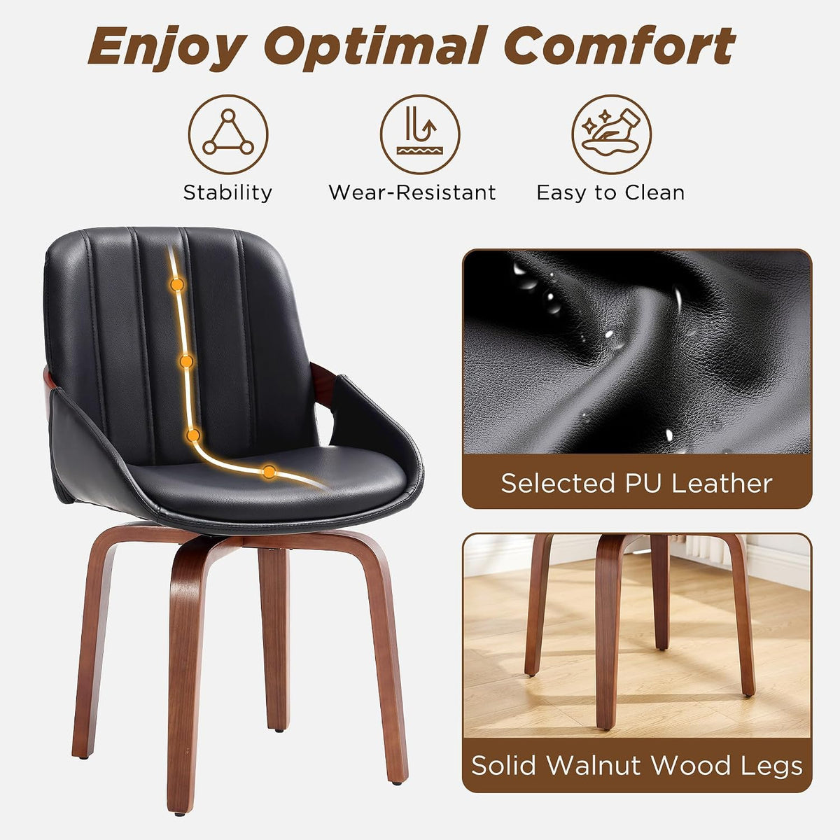Swivel Dining Chairs Set of 6, Black Leather Dining Room Chairs | Mid Century Modern Upholstered Kitchen Vanity Accent Chair, Walnut Backrest Support with Arm ,Sturdy Wood Leg(Black,Set of 6)