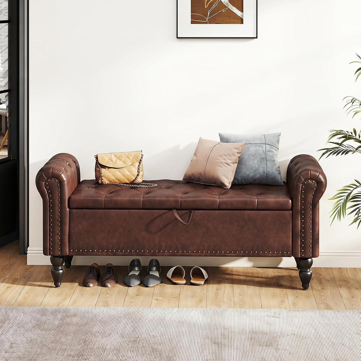 Furniliving 51” End of Bed Storage Bench, Bedroom Bench with Button-Tufted, Upholstered Storage Ottoman Benches Window Bench with Storage, Leather Bench for Living Room, Entryway, PU, Darkbrown