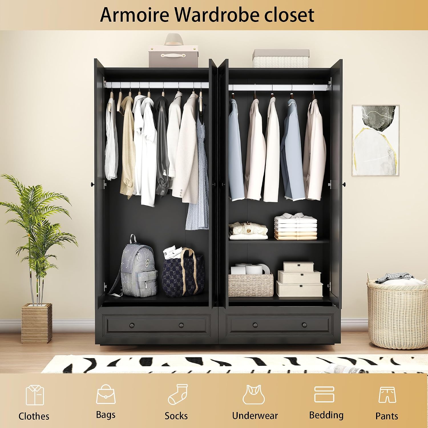 Armoire Wardrobe Closet with Drawer: Bedroom Wardrobe Closet for Hanging Clothes, Wood Cabinet for Clothes with Doors, Armoire with Shelves (Black, 63")