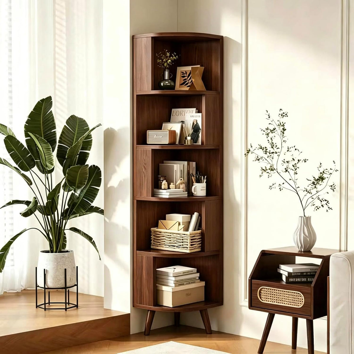5-Tier Corner Bookshelf, Modern Corner Shelf, Freestanding Bookcase Corner Cabinet Storage Display Shelf Organizer for Living Room Home Office Bedroom Kitchen