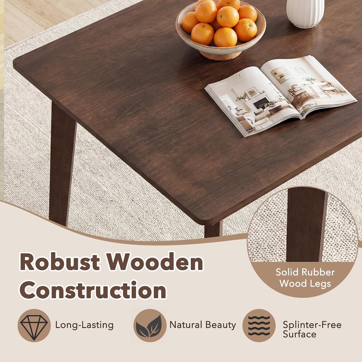 Giantex Dining Table for 4, 48" Rectangular Wooden Kitchen Table with Solid Rubber Wood Legs, Mid Century Modern Dinner Table for Dinette, Living Room, Home Office (Brown)