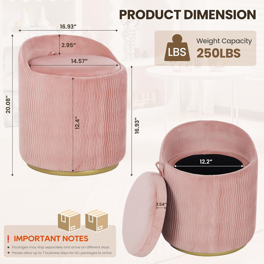 Vanity Chair with Storage Set of 2, 360° Swivel Velvet Makeup Chair with Wave Backrest, Modern Upholstered Round Accent Chair, No Assembly Vanity Stool for Bedroom, Dressing Room & Living Room, Pink
