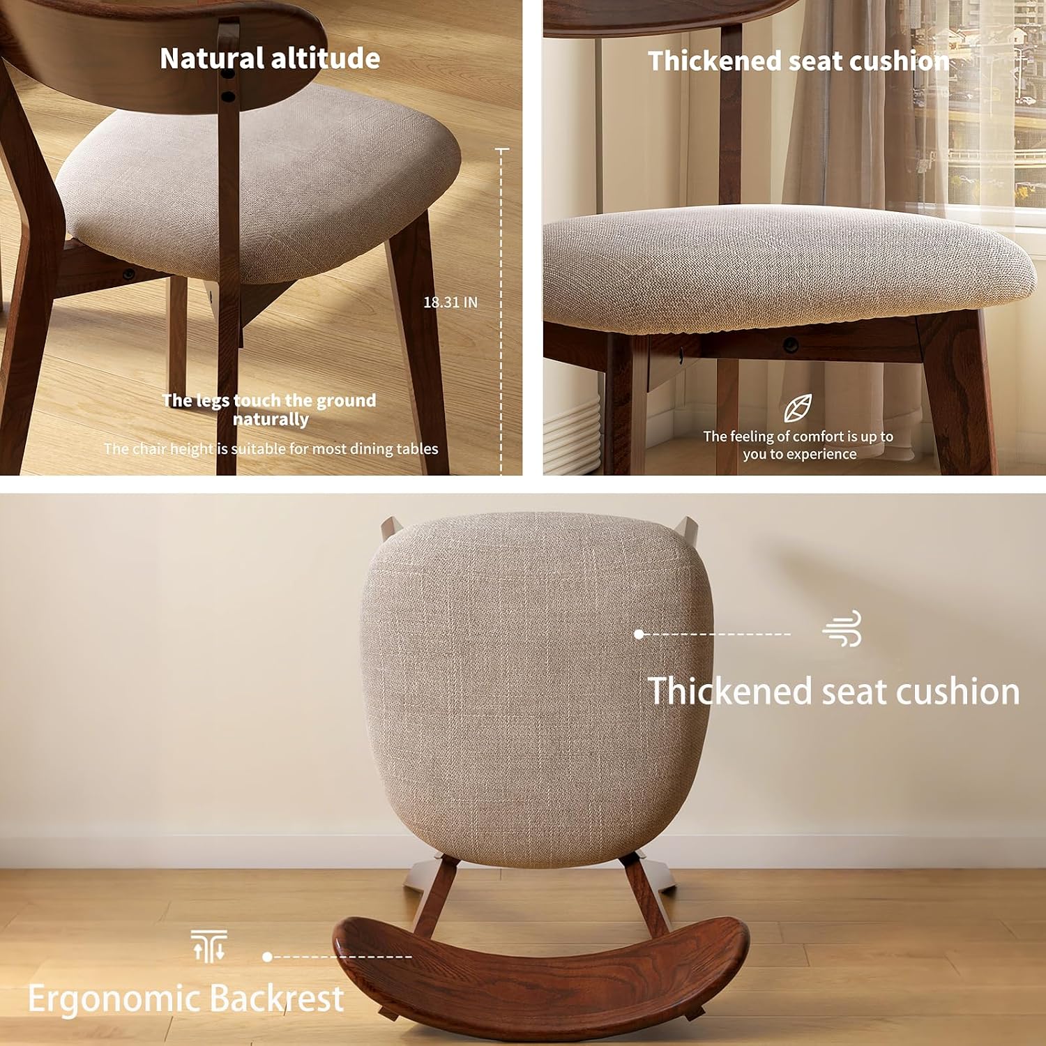 Mid Century Modern Walnut Dining Chairs Set of 4, FAS-Grade Oak, 400 lbs | Heavy-Duty Commercial Grade, Armless, Solid Curved Back, Smoked Brown Upholstered Seat, for Kitchen, Dining Room, Restaurant
