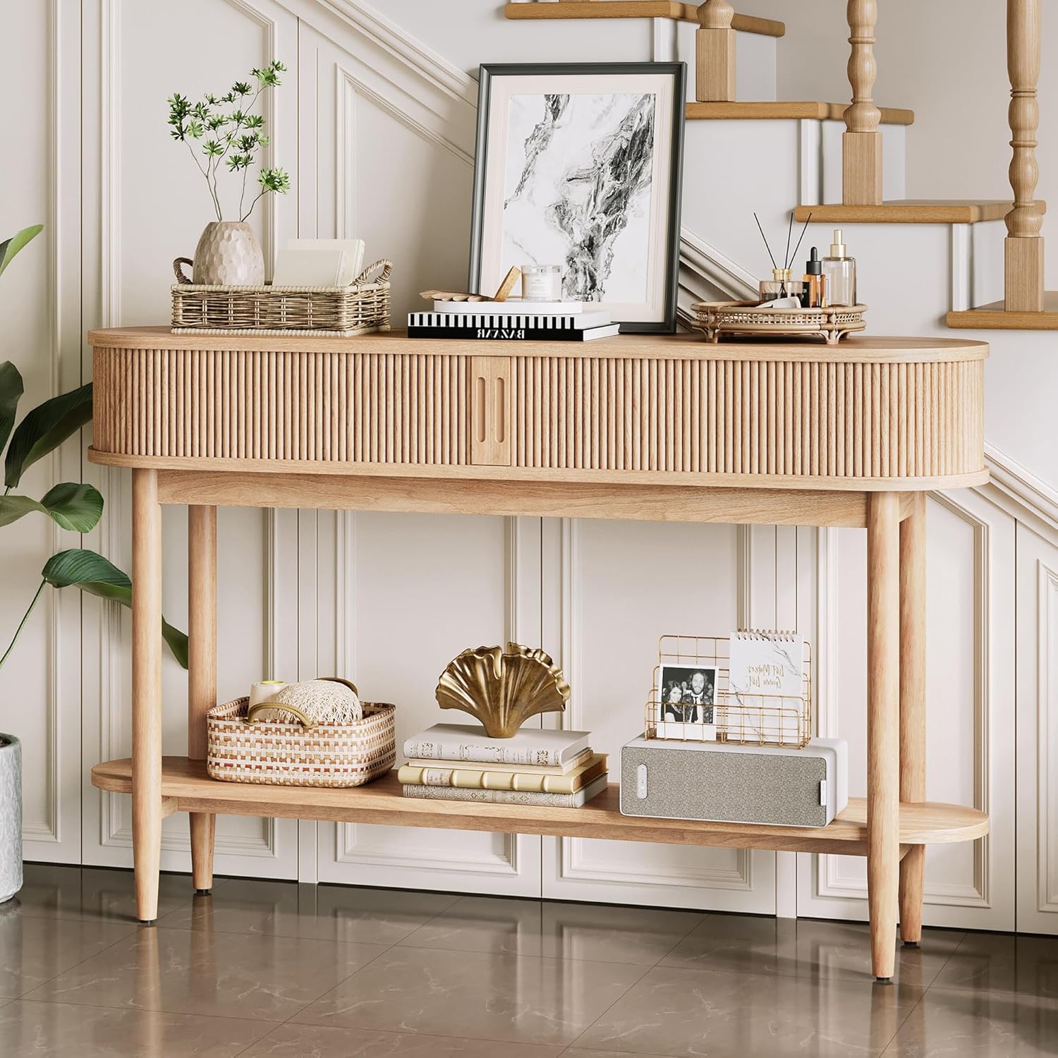LINSY Fluted Console Table with Storage, Entryway Table Wood Entrance Tables for Front Door, Behind Couch Sofa Table with Shelves, Foyer Tables for Hallways, Living Room Boho Furniture, Light Wood