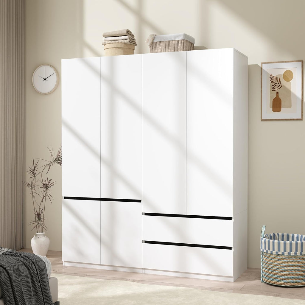Wardrobe Closet with 4 Doors: 75" White Armoire with 2 Drawers, Wooden Wardrobe for Hanging Clothes, Tall Storage Cabinet with Shelves and Hanging Rod (A+C, 63")