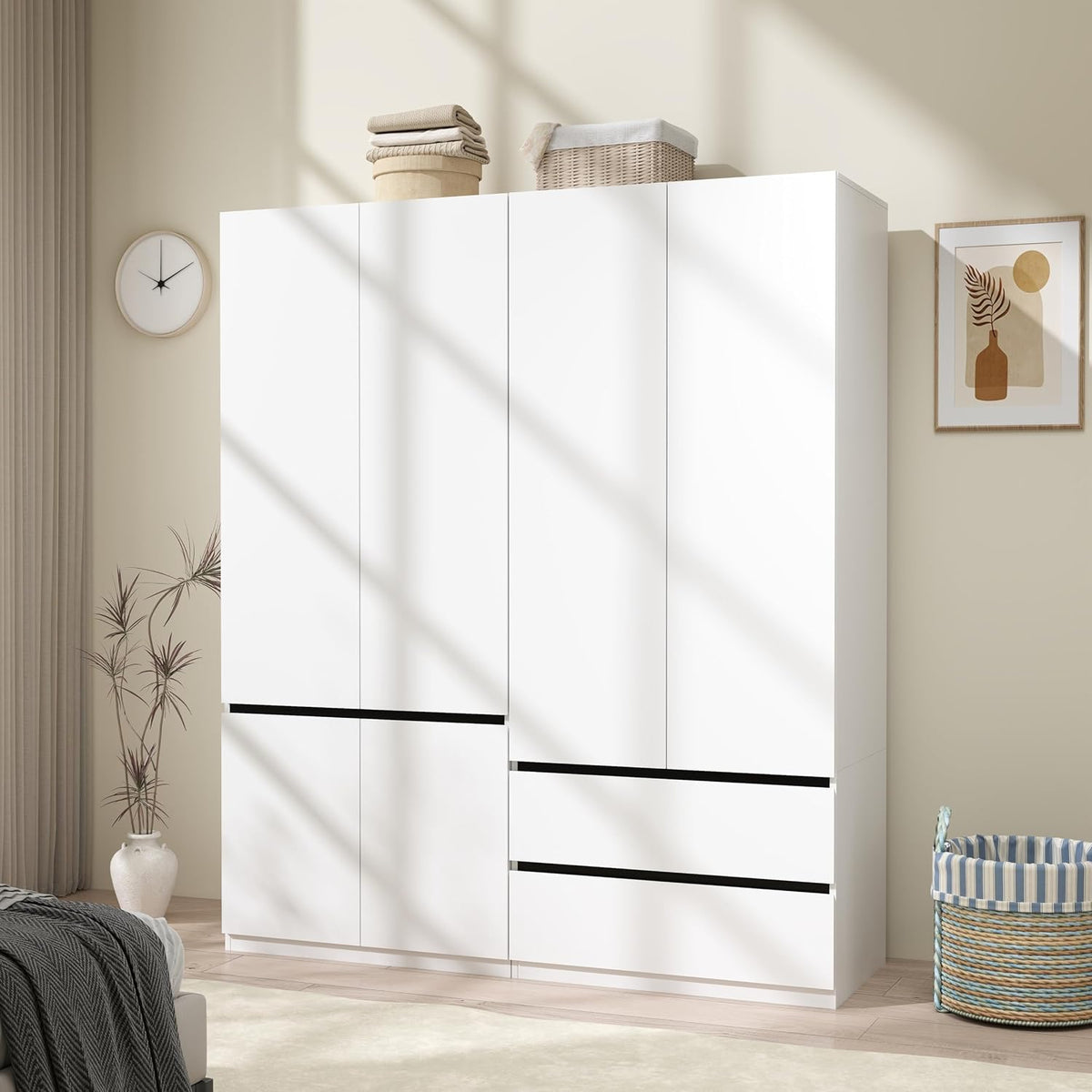 Wardrobe Closet with 4 Doors: 75" White Armoire with 2 Drawers, Wooden Wardrobe for Hanging Clothes, Tall Storage Cabinet with Shelves and Hanging Rod (A+C, 63")