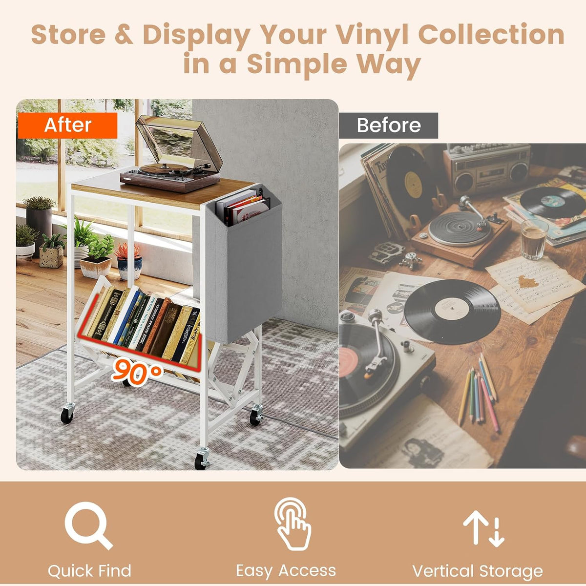 GOFLAME Rolling Record Player Stand, 2-Tier Turntable Stand with Fabric Side Pocket, Bottom Storage Shelf & Wheels, Movable Vinyl Storage Shelf for Living Room, Bedroom, Natural & White