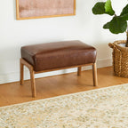 Glitzhome Rectangle Ottoman Bench, Modern Coffee Leatherette Footstool with Walnut Rubberwood Legs for Living Room, Bedroom