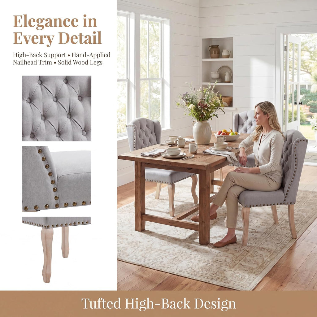 chairus Tufted Upholstered Parsons Dining Chairs Set of 6, Grey Linen | Linen Upholstery, Tufted Wingback, Solid Wood Legs, Nailhead Trim, High Back, French Country Kitchen Chairs for Dining Space