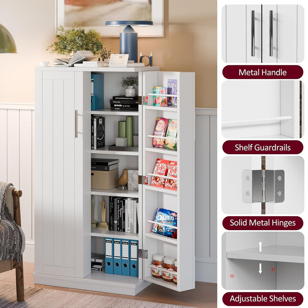 SUNLEI 47" Kitchen Pantry Storage Cabinet, Modern Freestanding Pantry Storage Cabinet with Adjustable Shelves, Buffet Cupboards Storage for Kitchen, Dining Room, White