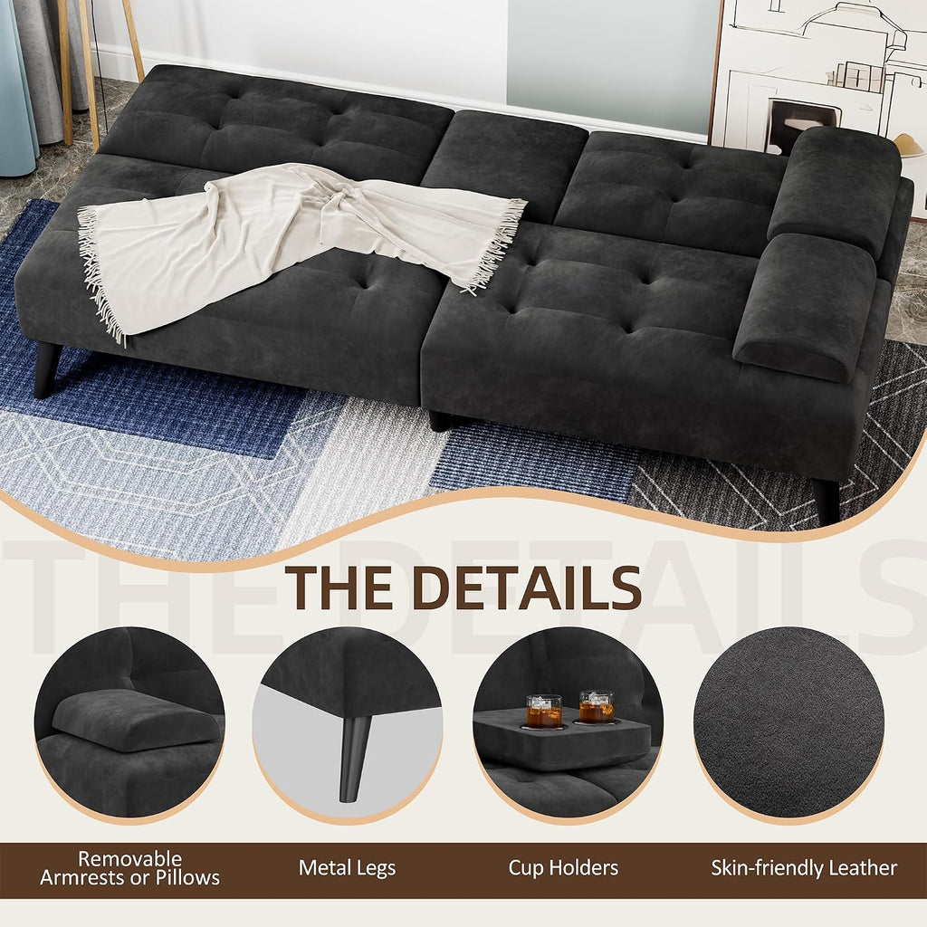 Shintenchi 64" Futon Sofa Bed, Velvet Foldable Couch, Upholstered Loveseat Sofa Couch with Folding Cup Holders, Reclining Sleeper with Removable Armrests for Home, Office, Black
