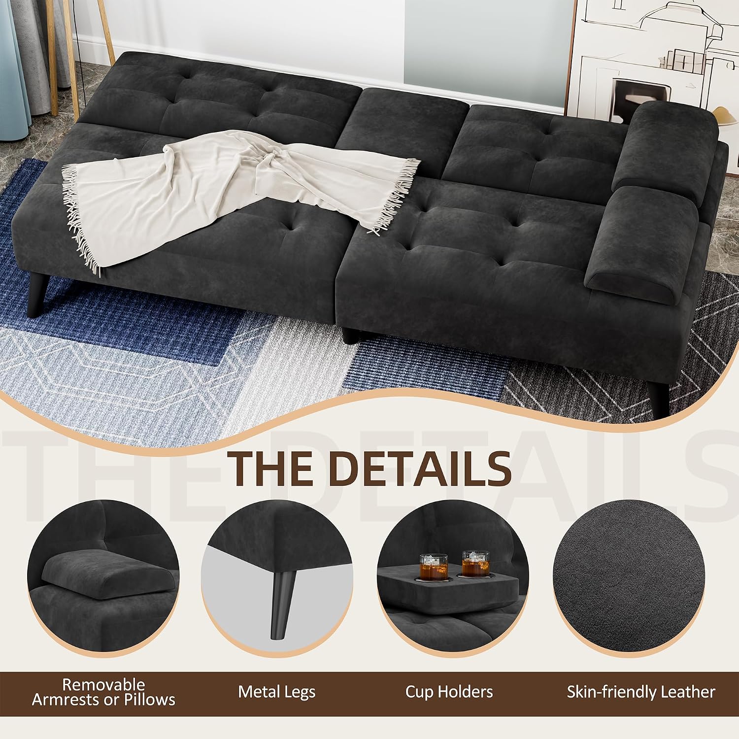 Shintenchi 64" Futon Sofa Bed, Velvet Foldable Couch, Upholstered Loveseat Sofa Couch with Folding Cup Holders, Reclining Sleeper with Removable Armrests for Home, Office, Black