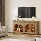 SICOTAS Sideboard Buffet Cabinet with Storage and LED Lights-Modern Large Credenza Storage Cabinet with Arch Glass Doors, Adjustable Shelves, 61.7" Wooden Media Console Coffee Bar Cabinet, Brown Oak