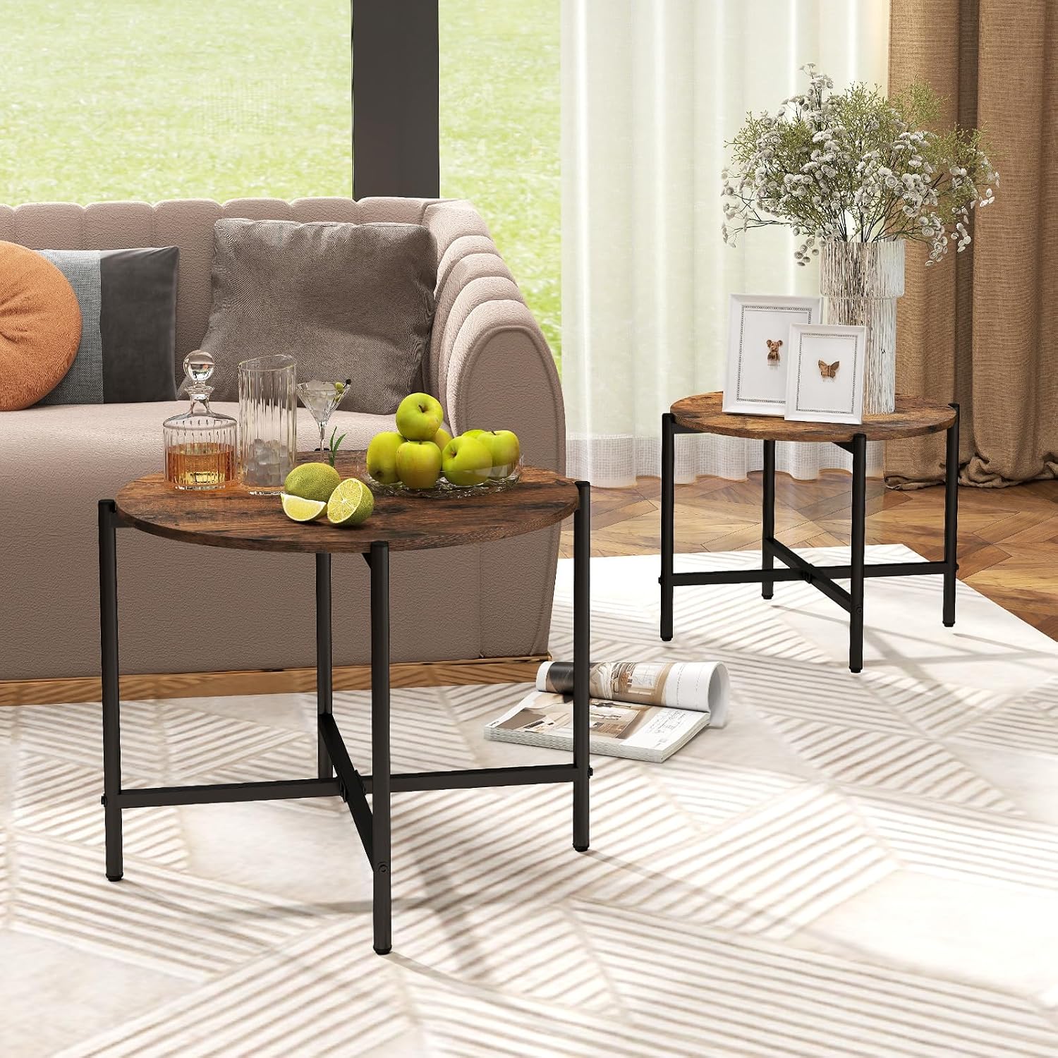 GOFLAME Nesting Coffee Table Set of 2, Round Coffee Tables with Wood Tabletop & Heavy-Duty Metal Frame, Modern Circle End Table & Side Tables, Nesting Tables for Living Room, Bedroom (Rustic Brown)
