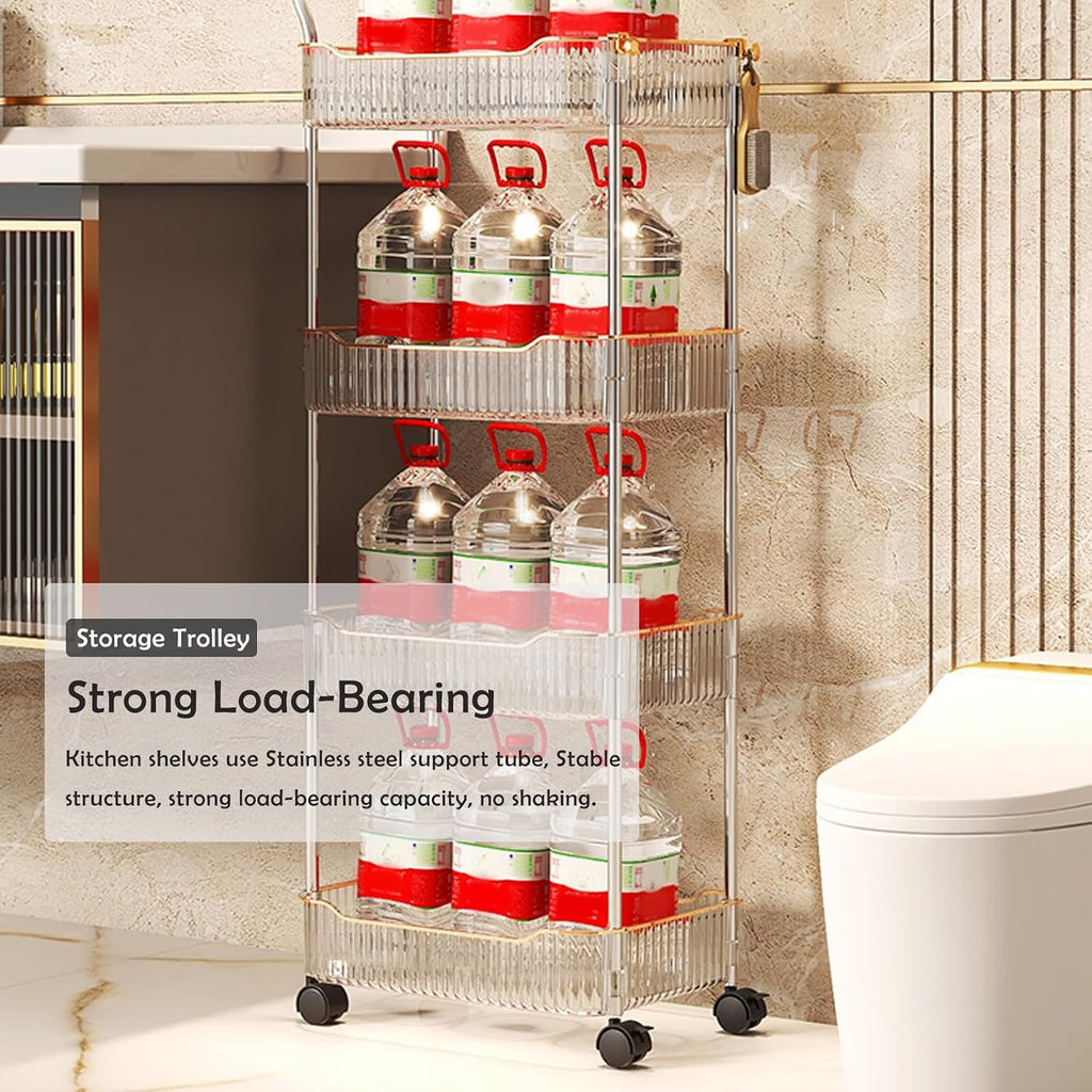 Acrylic Storage Trolley, Bathroom Kitchen Rolling Utility Cart Mobile Organization Shelves with Handle and Lockable Wheel(Gold,3 Tier)
