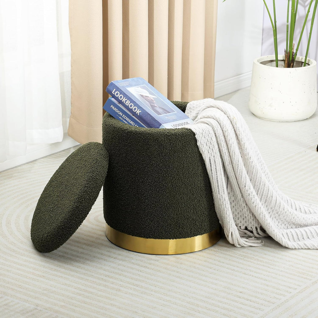 Joveco Boucle Round Ottoman with Storage,Vanity Stool with Storage for Bedroom, Ottoman Coffee Table,Small Boucle Foot Stool for Living Room, Dark Moss Green with Gold Plating
