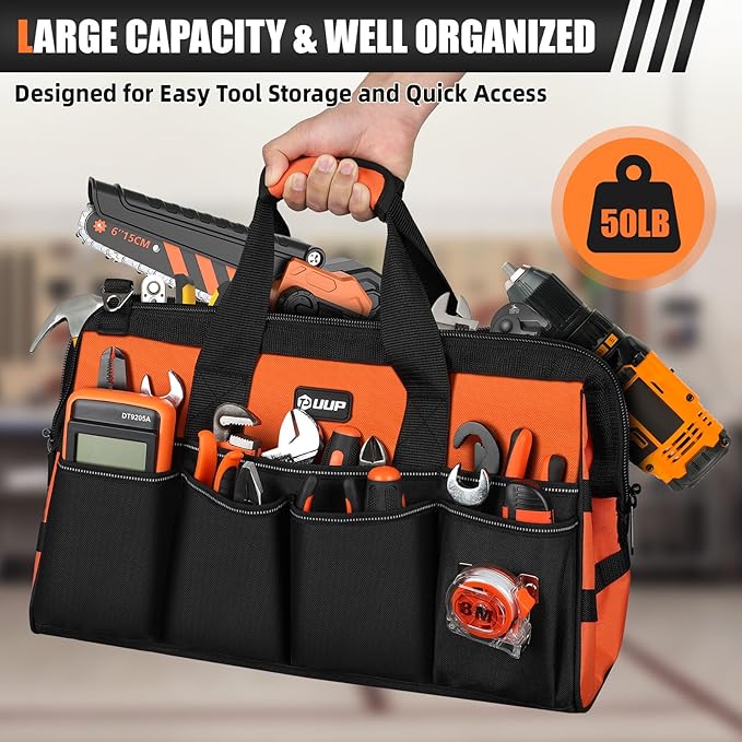 Heavy Duty Tool Bag 18-Inch, 16-Pocket Portable Soft Tool Box Organizer Storage, Handle Tactical Carry Tote Empty Toolbox with Large Zipper, Father Day Dad Men Gift for Mechanic Engineer, Orange