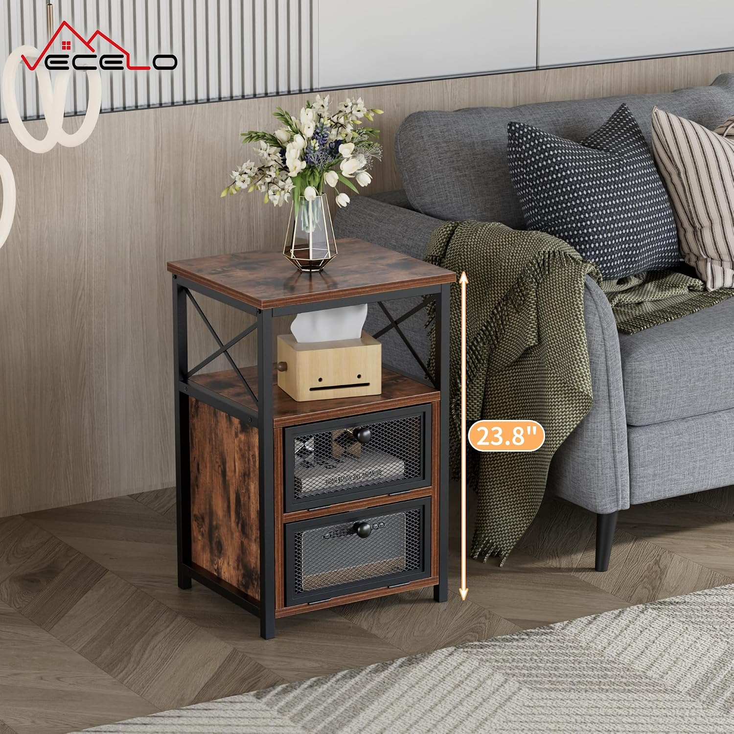 VECELO End Side Table, Modern Night Stand with Storage Space and Door, Set of 2 Nightstands for Living Room,Bedroom,Lounge, Rustic Brown