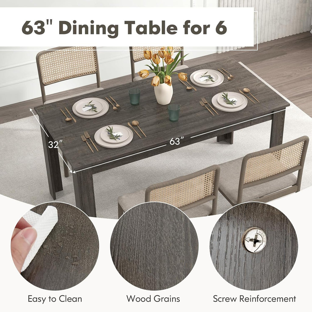 63“ Large Dining Table for 4-6 People, Rectangular Dining Room Table, Wooden Kitchen Table with L-Shaped Legs, Modern Farmhouse Dinette Table for Restaurant, Living Room, Family