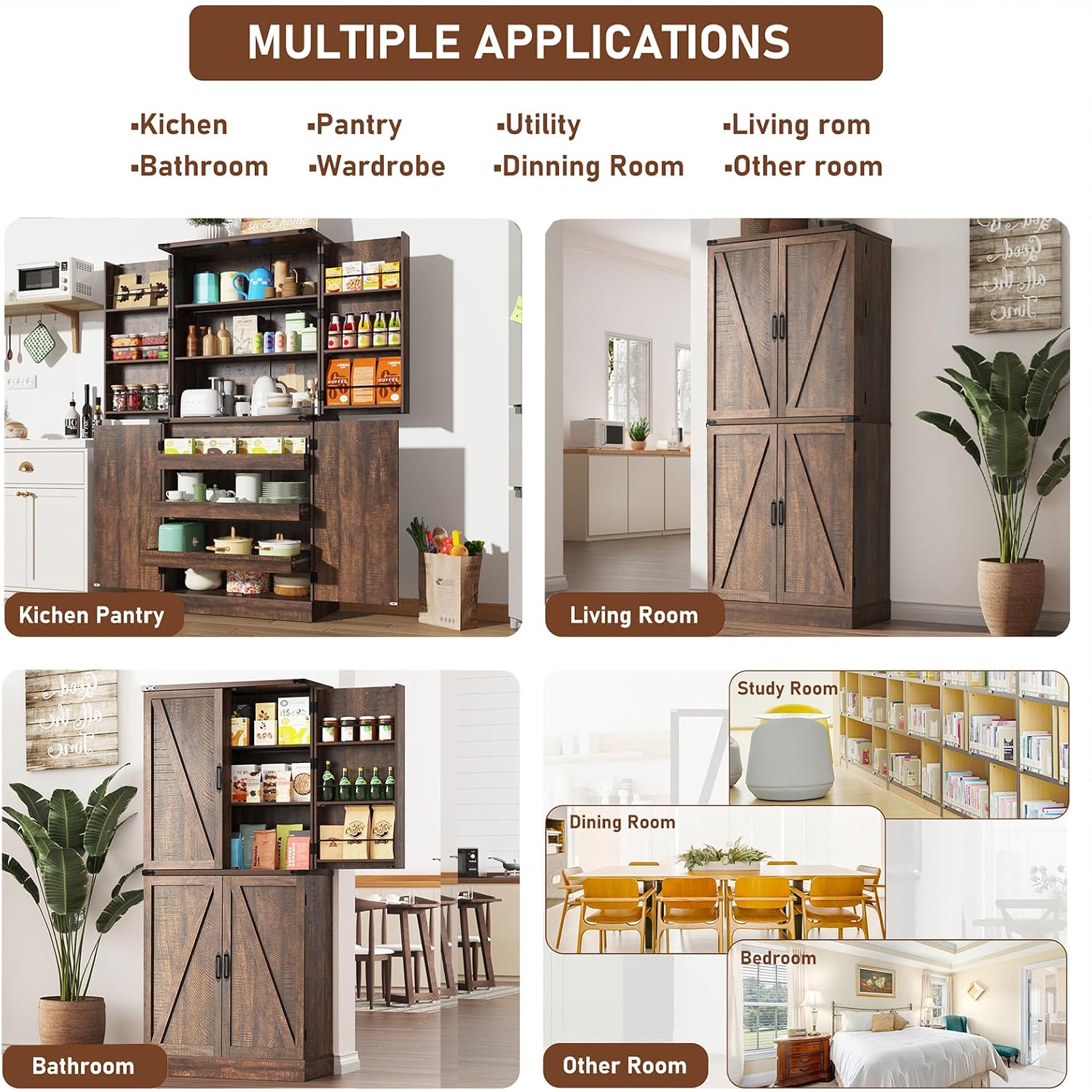 Hlivelood Farmhouse Kitchen Pantry Cabinet with 3 Drawers,71" Tall Rustic Wood Storage Cabinet with 6 Door Shelves,with Load-Bearing Steel Pipe,Pantry Organizers for Kitchen,Dining Room(Rustic Brown)