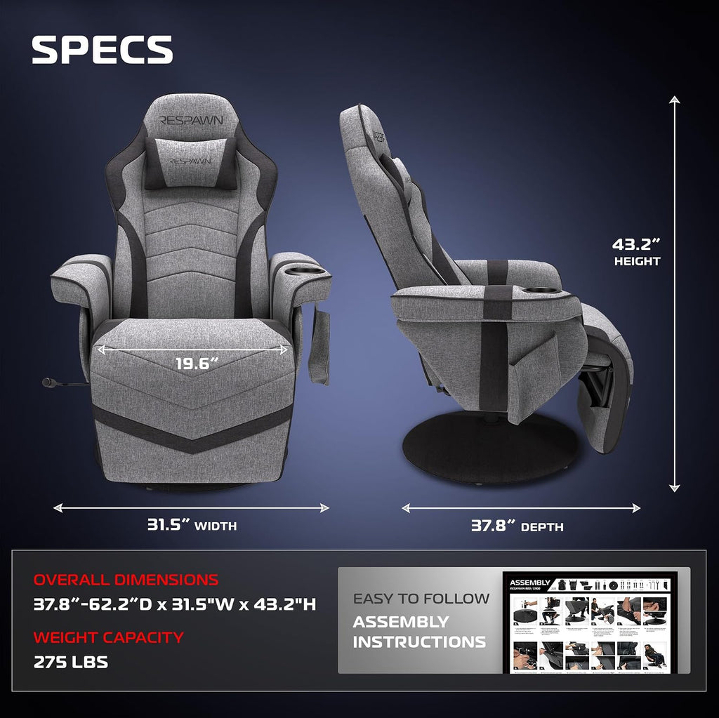 RESPAWN 900 Gaming Recliner Chair with Footrest, Cup Holder and Swivel | Ergonomic gaming recliner with footrest, cup holder, lumbar support, 135° recline & 360° swivel for console gaming