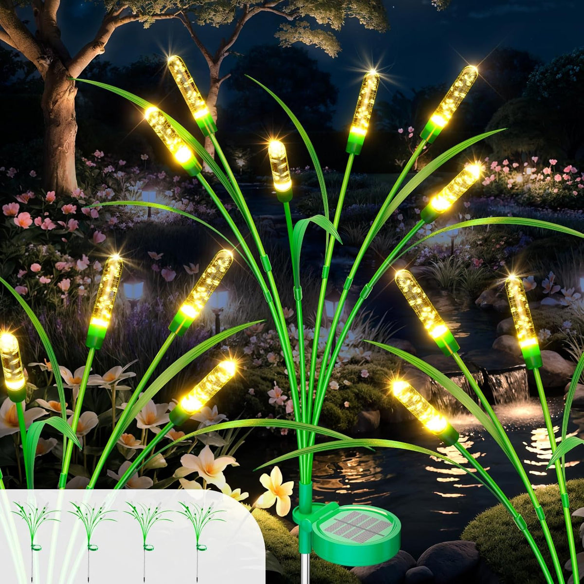 4 Packs Reeds Solar Garden Light, 30 Inch Garden Solar Light with 24 Bulbs, Intelligent Light Control System, IP65 Waterproof, Outdoor Solar Light for Decorating Yard, Pathway(Warm Color)