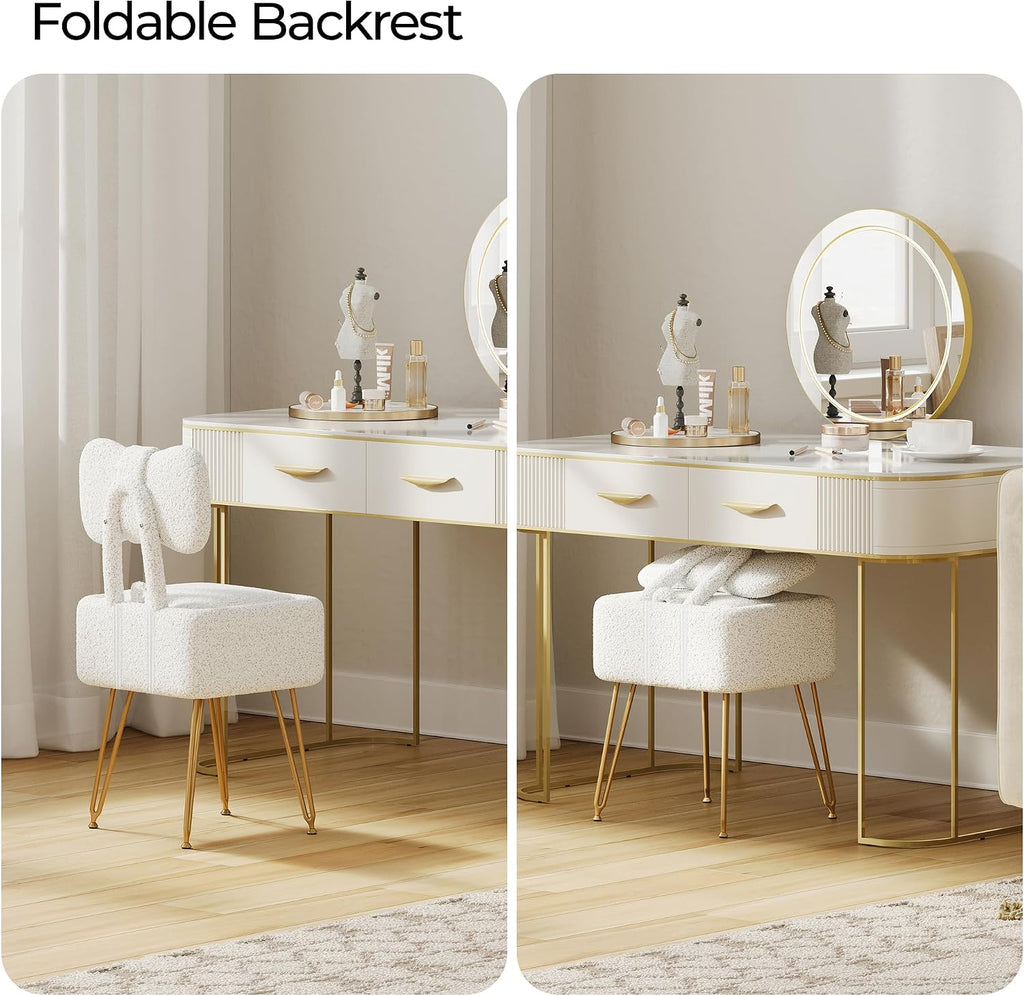 Small Vanity Chair with Storage, Vanity Stool with Folding Back, Chair for Vanity, Footrest Footstool Ottoman, Teddy Fleece Vanity Stool for Makeup, Bedroom, Living Room, White