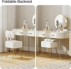 Small Vanity Chair with Storage, Vanity Stool with Folding Back, Chair for Vanity, Footrest Footstool Ottoman, Teddy Fleece Vanity Stool for Makeup, Bedroom, Living Room, White