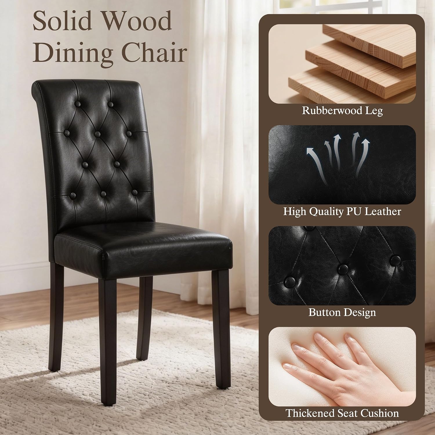LSSBOUGHT Modern Tufted Dining Chairs Set of 6, Button Padded Leather Kitchen Chairs with Solid Wood Legs (Black, Set of 6)