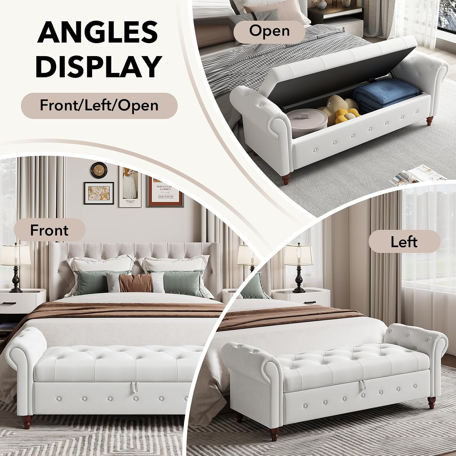 63" Wide Storage Bench, Polyester Upholstered End of Bed Bench with Pull Ring Design, Storage Shoe Cabinet Bench with Rolled Arm, Modern Window Bench for Bedroom (Cream White)