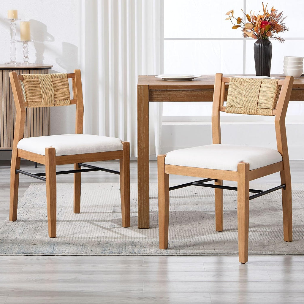 BESTANO Modern Armless Dining Chairs with Rope Woven Back Set of 2, Beige Linen Fabric Upholstered Kitchen & Dining Room Chairs, Mid-Century Classic Farmhouse Wooden Side Chair