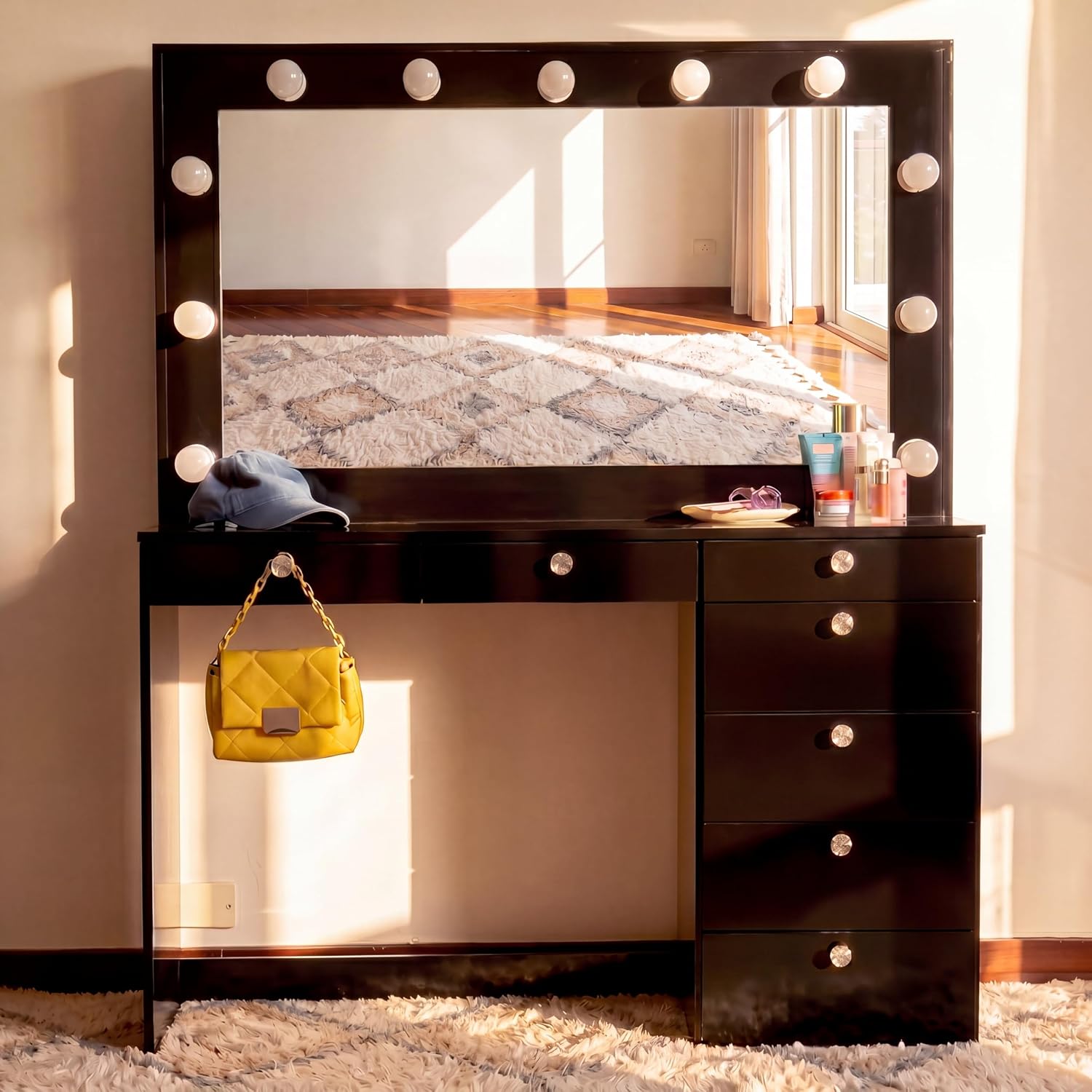 Boahaus Luna Vanity Desk with Framed Bulb Mirror – 7 Drawer Integrated Makeup Station