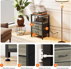 Lazzanto Night Stand with Charger Station, 2 Fabric Drawers, Grey | Nightstand, Bedside Table, Open Shelf, Built in USB-A, USB-C Port & AC Outlets, For Bedroom, Dorm, Living Room