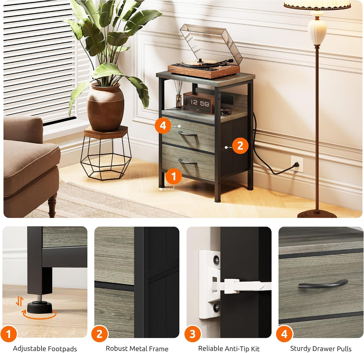 Lazzanto Night Stand with Charger Station, 2 Fabric Drawers, Grey | Nightstand, Bedside Table, Open Shelf, Built in USB-A, USB-C Port & AC Outlets, For Bedroom, Dorm, Living Room