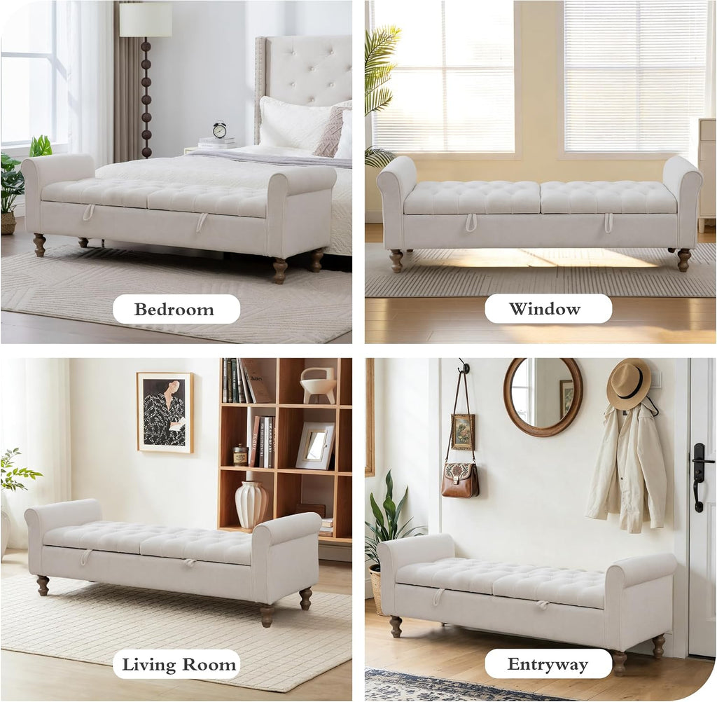 Chifee & Vingol 65" Storage Ottoman Bench Upholstered End of Bed Bench Modern Entryway Benches Double Openings Window Benches for Bedroom Living Room Entryway,Beige