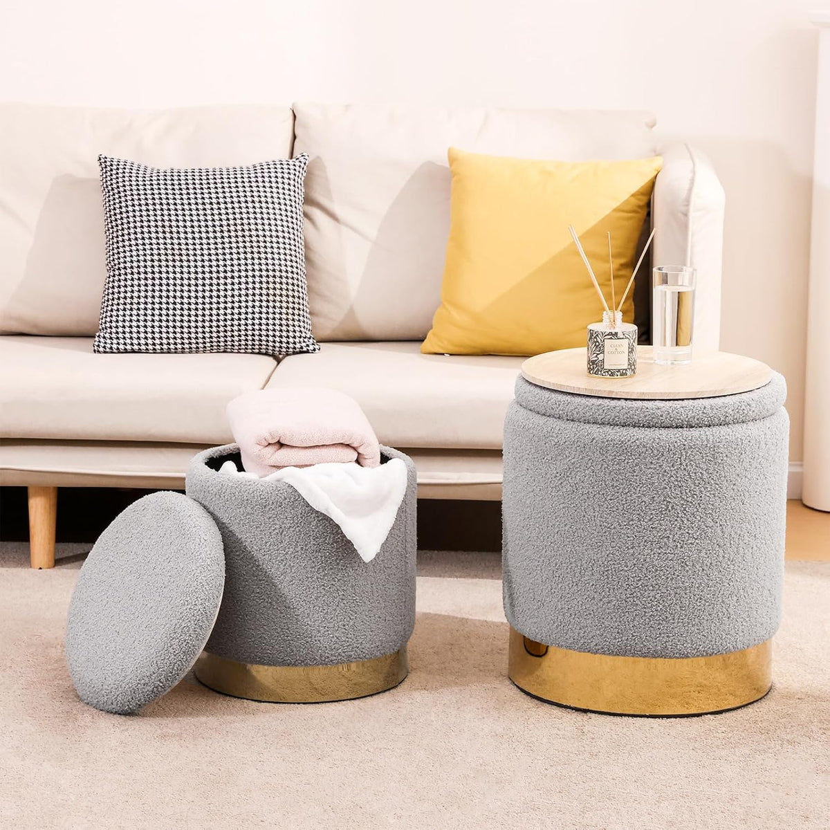 YYW HOME Sherpa Round Ottoman Set of 2 with Storage, 12 Gallon Hidden Storage Ottoman, Multi-Functional Footrest Stool, Vanity Seat, Coffee Table, No Assembly Required, Holds 300lbs (Gray)