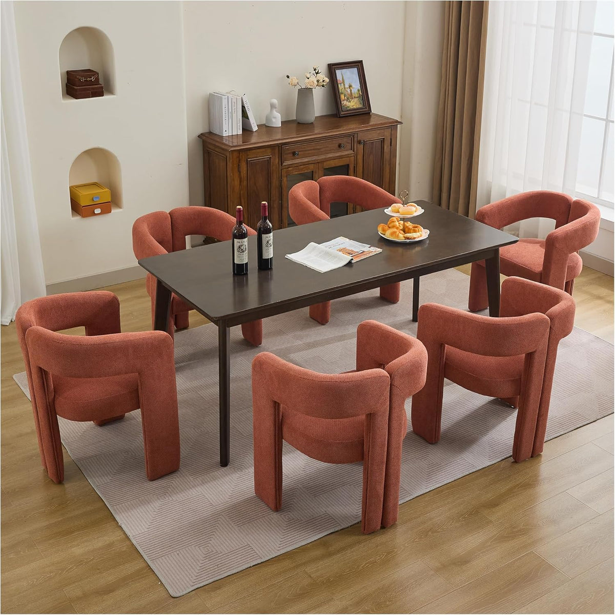 adochr Modern Barrel Dining Chairs Set of 6, Upholstered Linen Dining Room Chair with Wooden Legs, Accent Chairs with Arms, Comfy Side Armchairs for Kitchen/Dining Room/Living Room, Orange