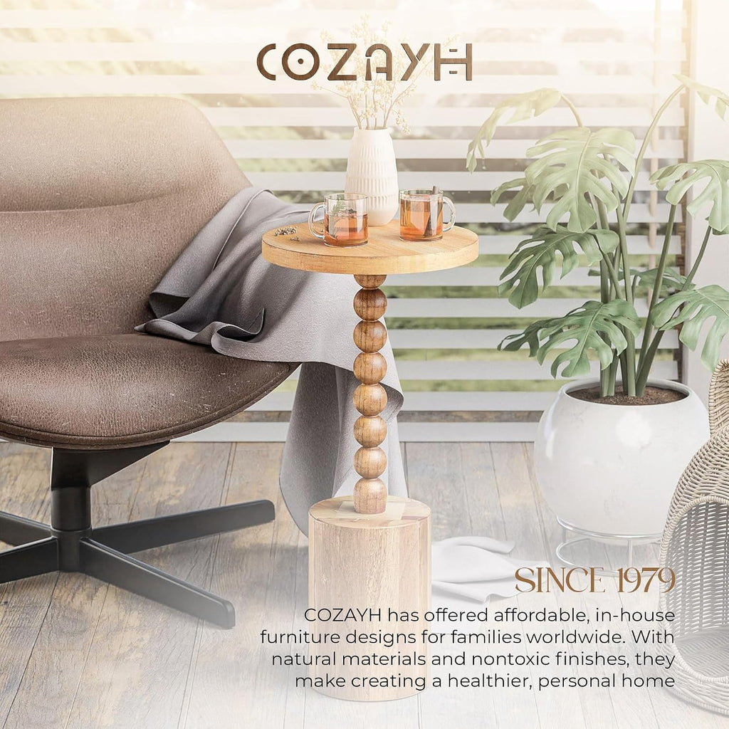 COZAYH Set of 2 Farmhouse Pedestal End Tables, Round Rustic Wood Drink Table with Base Small Space Living Room, Bedroom, Natural Wood Color