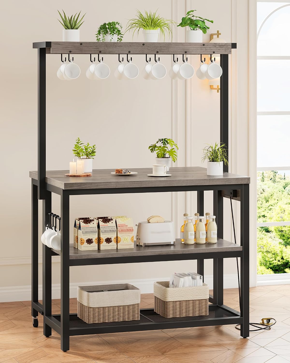 CHOEZON Kitchen Island with Power Outlet, Kitchen Island Table with Folding Top, Stationary Storage Islands, Coffee Bar with Outlets and USB Ports, for Dining Room, Living Room, Greige TZD01UBG